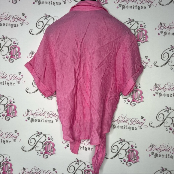 Frnch Paris blouse pink striped tie front bow button down tshirt collared top - Picture 3 of 10
